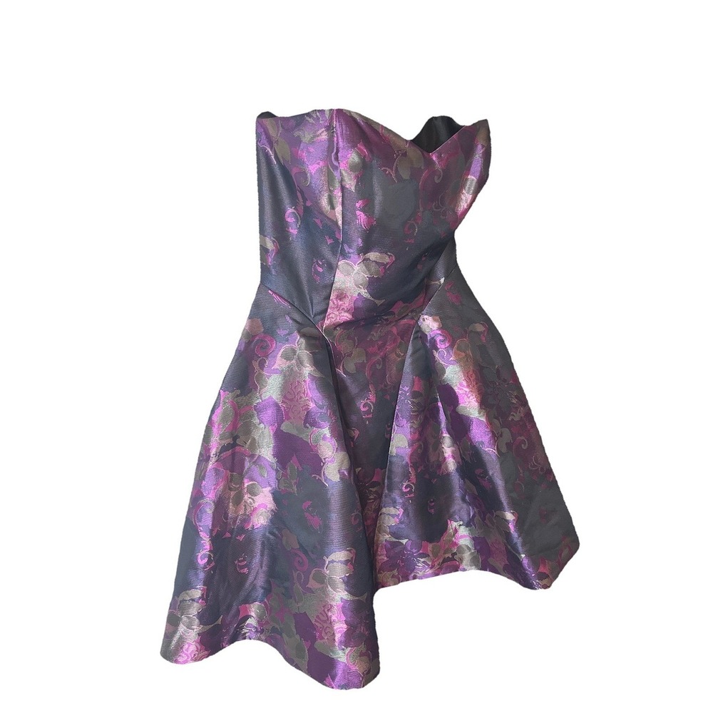 Betsey Johnson Collection Purple Metallic Floral Brocade Strapless Mini Dress 0 - Picture 3 of 9